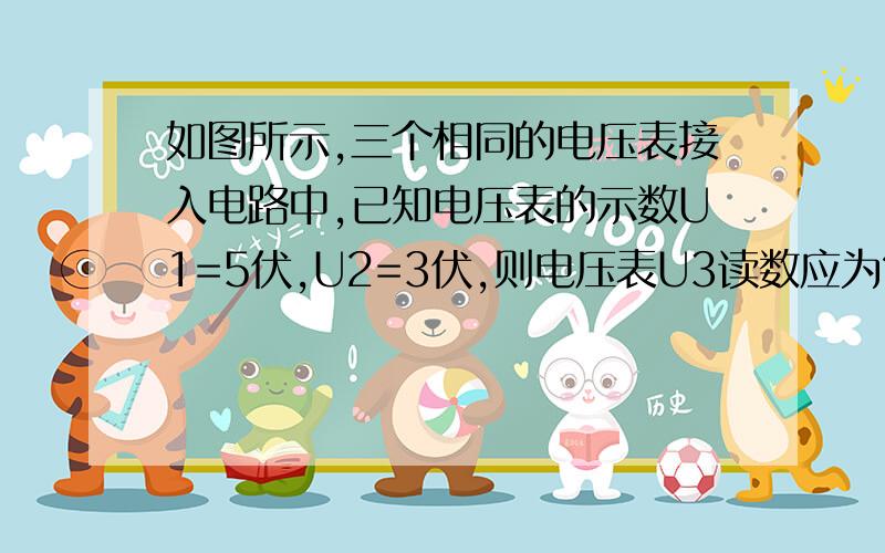 如图所示,三个相同的电压表接入电路中,已知电压表的示数U1=5伏,U2=3伏,则电压表U3读数应为?这里的电表应该不能看做理想电表是吗?