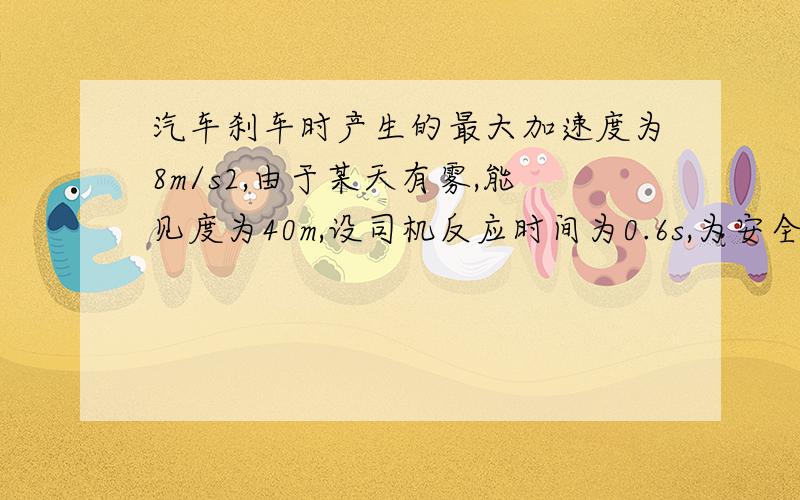 汽车刹车时产生的最大加速度为8m/s2,由于某天有雾,能见度为40m,设司机反应时间为0.6s,为安全行驶,避免撞上前面静止物体,汽车行驶速度的最大值?有图,