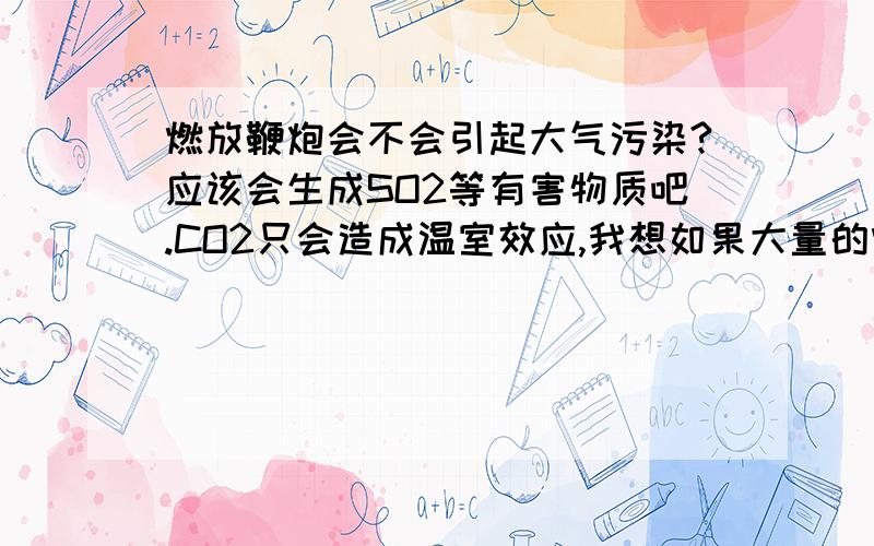 燃放鞭炮会不会引起大气污染?应该会生成SO2等有害物质吧.CO2只会造成温室效应,我想如果大量的燃放爆竹也应该会对环境在成污染吧.不知道这个想法是否正确.