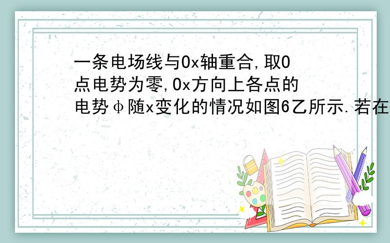 一条电场线与Ox轴重合,取O点电势为零,Ox方向上各点的电势φ随x变化的情况如图6乙所示.若在O点由静止释放一电子,电子仅受电场力的作用,则（ ）\x05A．电子将沿Ox方向运动 \x05\x05B．电子的电