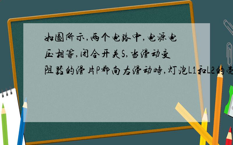 如图所示,两个电路中,电源电压相等,闭合开关S,当滑动变阻器的滑片P都向右滑动时,灯泡L1和L2的亮度变化是.