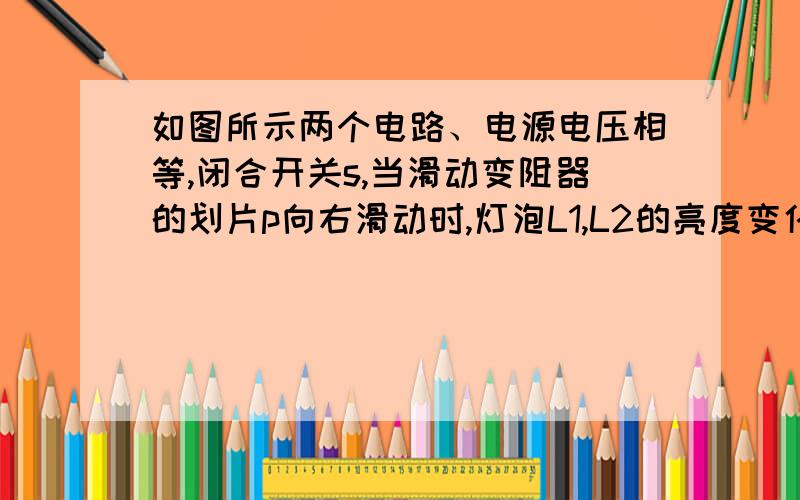 如图所示两个电路、电源电压相等,闭合开关s,当滑动变阻器的划片p向右滑动时,灯泡L1,L2的亮度变化?