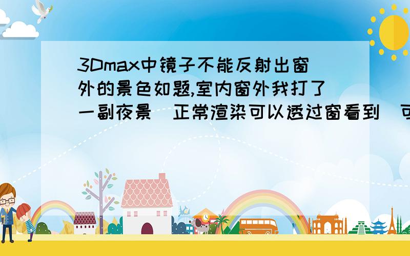 3Dmax中镜子不能反射出窗外的景色如题,室内窗外我打了一副夜景（正常渲染可以透过窗看到）可是墙身上的镜子却不能正常反射出窗外的夜景,只显示了一片蓝色（我的环境色是蓝色）请问我