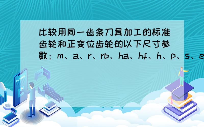 比较用同一齿条刀具加工的标准齿轮和正变位齿轮的以下尺寸参数：m、a、r、rb、ha、hf、h、p、s、e,哪些变了