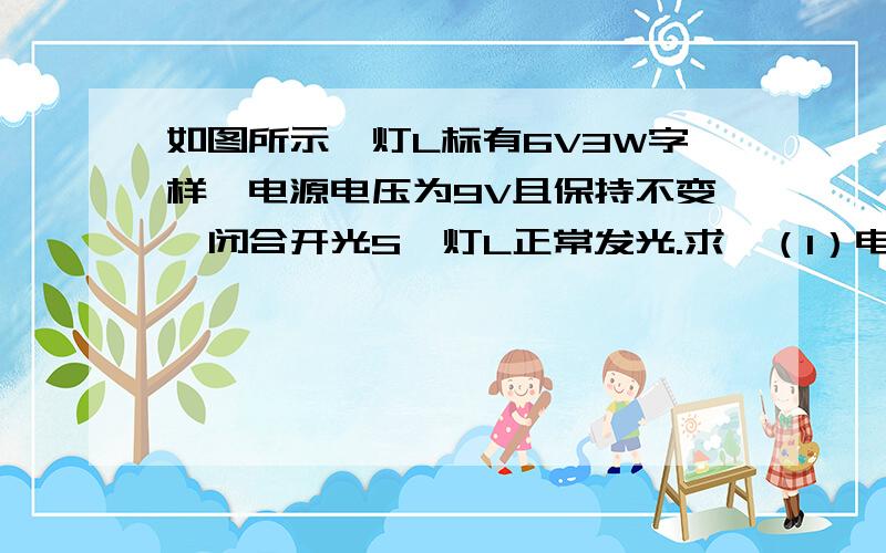 如图所示,灯L标有6V3W字样,电源电压为9V且保持不变,闭合开光S,灯L正常发光.求,（1）电阻R的阻值.（2）灯泡正常发光时电阻R消耗的功率.