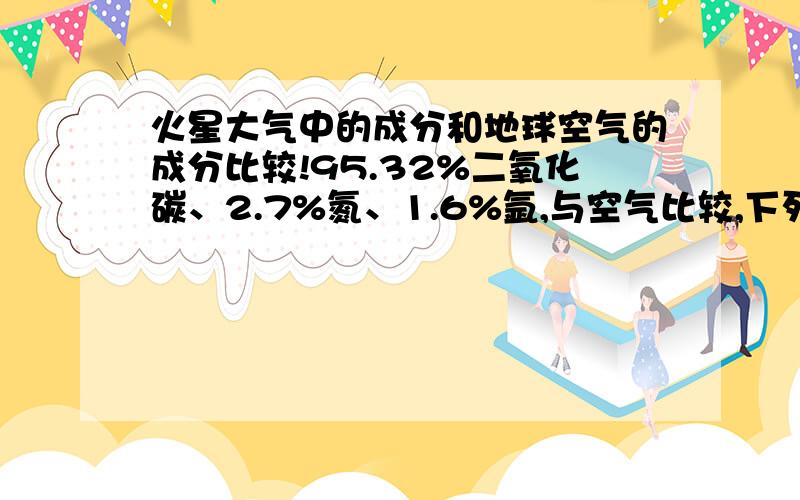 火星大气中的成分和地球空气的成分比较!95.32%二氧化碳、2.7%氮、1.6%氩,与空气比较,下列说法不正确的是[ ]A火星N2体积分数小于空气N2体积分数B火星中N2质量分数小于空气中的N2质量分数C 火