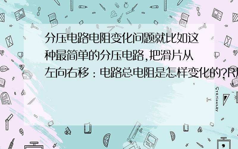 分压电路电阻变化问题就比如这种最简单的分压电路,把滑片从左向右移：电路总电阻是怎样变化的?R用 两端的电压和通过R用 的电流是怎样变化的?