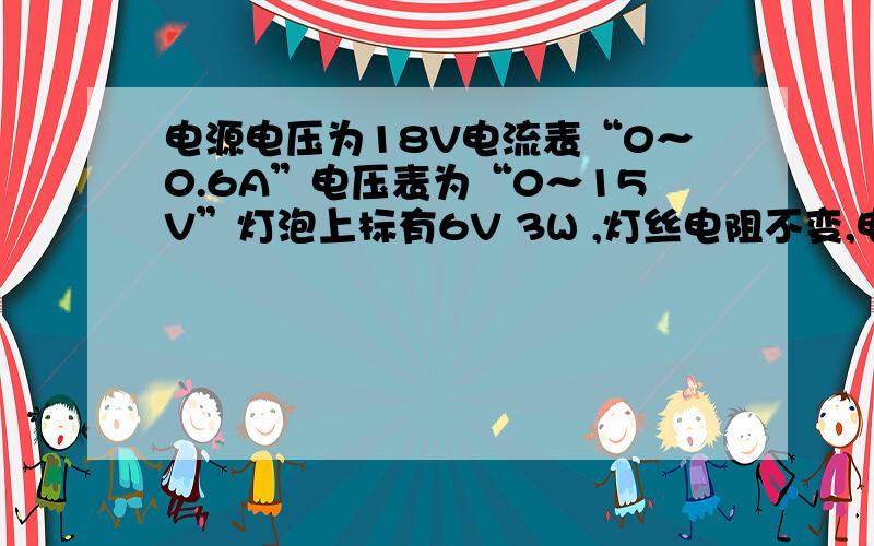 电源电压为18V电流表“0～0.6A”电压表为“0～15V”灯泡上标有6V 3W ,灯丝电阻不变,电路串联电压表测电阻,电流表测总电流,（1）灯泡正常发光的电流（2）当电流表示数为0.4A时．电源电压为多