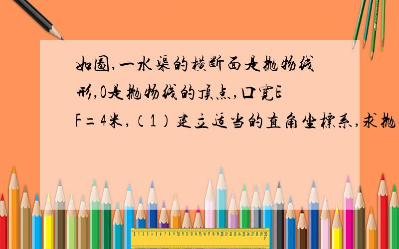 如图,一水渠的横断面是抛物线形,O是抛物线的顶点,口宽EF=4米,（1）建立适当的直角坐标系,求抛物线方程．（2）现将水渠横断面改造成等腰梯形ABCD,要求高度不变,只挖土,不填土,求梯形ABCD的