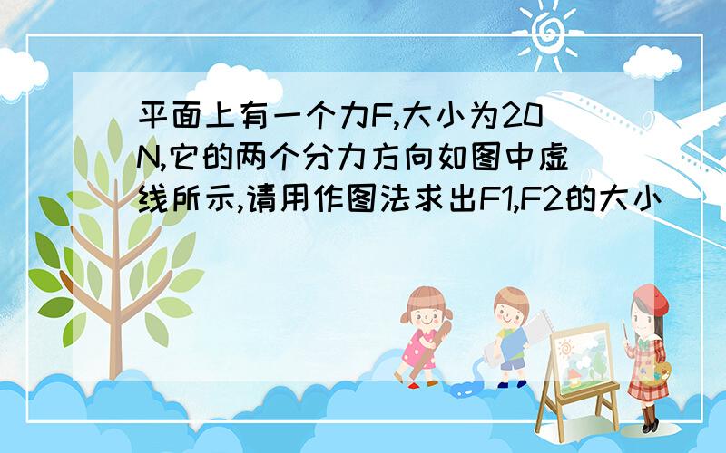 平面上有一个力F,大小为20N,它的两个分力方向如图中虚线所示,请用作图法求出F1,F2的大小