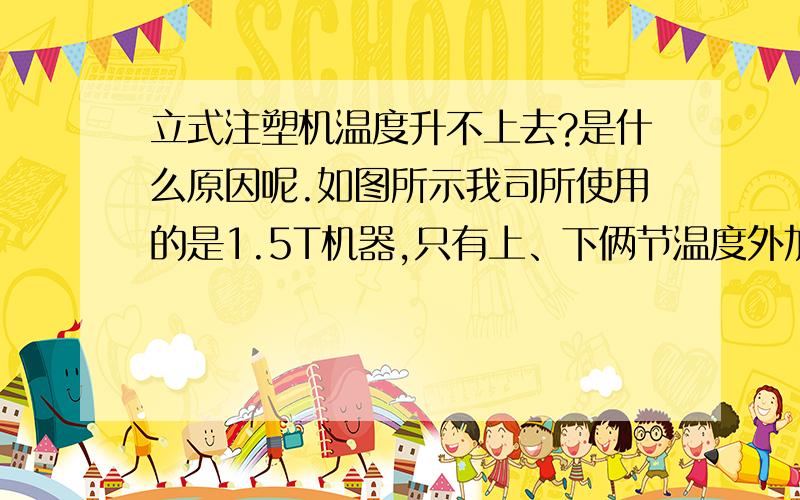 立式注塑机温度升不上去?是什么原因呢.如图所示我司所使用的是1.5T机器,只有上、下俩节温度外加喷嘴温度.3断电热圈我们都以换新过,就连温控线也是新买的,就是达不到设定的温度值塑胶