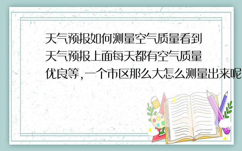 天气预报如何测量空气质量看到天气预报上面每天都有空气质量优良等,一个市区那么大怎么测量出来呢?是取平均值还是测市区所在地的空气质量呢?