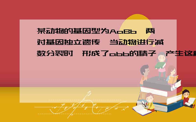 某动物的基因型为AaBb,两对基因独立遗传,当动物进行减数分裂时,形成了abb的精子,产生这种现象的原因最可能的是A.间期发生基因突变 B.联会时发生交叉互换C.同源染色体未分离 D.姐妹染色单