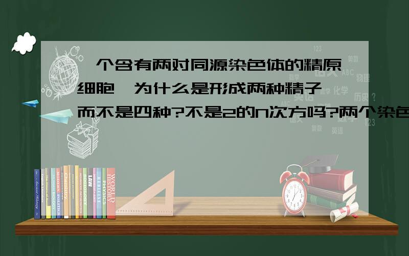 一个含有两对同源染色体的精原细胞,为什么是形成两种精子,而不是四种?不是2的N次方吗?两个染色体形状大小一样,一条来自母方,一条来自父方.这样是不是称为一对同源染色体?