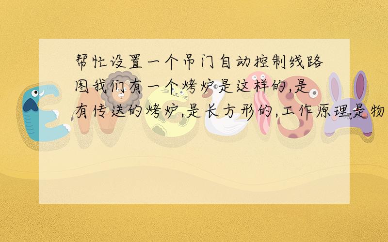 帮忙设置一个吊门自动控制线路图我们有一个烤炉是这样的,是有传送的烤炉,是长方形的,工作原理是物品在里面烤30分钟后,两头的吊门升起来,然后传送走动,烤箱是分6格的,走完一格后吊门又