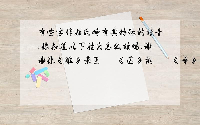 有些字作姓氏时有其特殊的读音,你知道以下姓氏怎么读吗,谢谢你《睢》景臣       《区》桃        《华》老栓        〈单〉雄信       〈庞〉统         〈查〉慎行     〈仇〉虎       〈靳〉尚