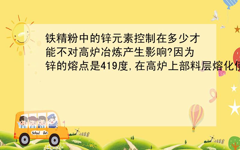 铁精粉中的锌元素控制在多少才能不对高炉冶炼产生影响?因为锌的熔点是419度,在高炉上部料层熔化使炉料黏