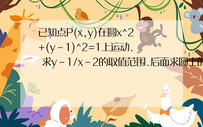 已知点P(x,y)在圆x^2+(y-1)^2=1上运动. 求y-1/x-2的取值范围.后面求圆上的点到（2,1）的最大最小值能再说详细点吗