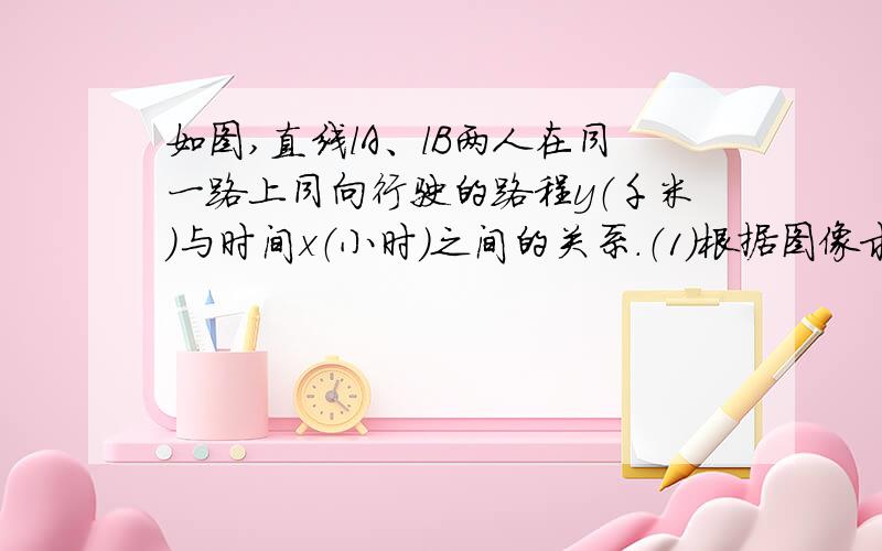 如图,直线lA、lB两人在同一路上同向行驶的路程y（千米）与时间x（小时）之间的关系.（1）根据图像求出A、B的速度（2）观察图像,求出A、B行走的路程y与时间x的函数关系式.（3）有图像可知