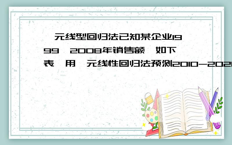 一元线型回归法已知某企业1999—2008年销售额,如下表,用一元线性回归法预测2010-2020年的销售额?年份 1999 2000 2001 2002 2003 2004 2005 2006 2007 2008销额 61.1 90.2 121.3 185.9 277.2 400.5 520.8 706.8 928 1083单位