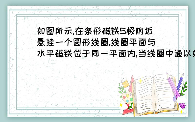 如图所示,在条形磁铁S极附近悬挂一个圆形线圈,线圈平面与水平磁铁位于同一平面内,当线圈中通以如图所示方向的电流时,线圈将（C ）A．向磁铁平移 B．远离磁铁平移C．边转动边向左摆动 D