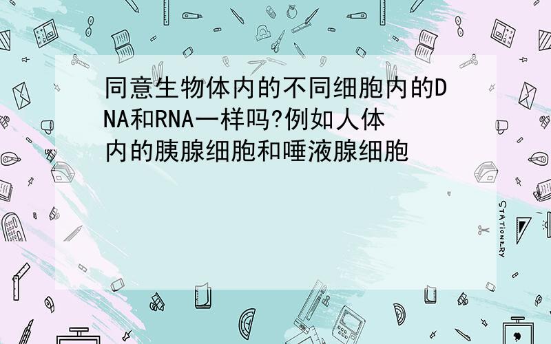 同意生物体内的不同细胞内的DNA和RNA一样吗?例如人体内的胰腺细胞和唾液腺细胞