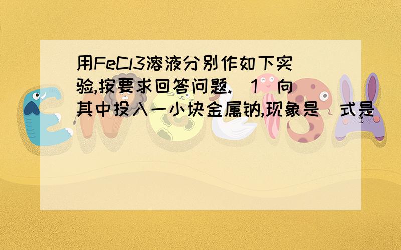 用FeCl3溶液分别作如下实验,按要求回答问题.（1）向其中投入一小块金属钠,现象是（式是（ ）.（2）向其中加过量铁粉,现象是（ ）,反应的化学方程式是（ ）.将反应后的溶液装在试管中,加