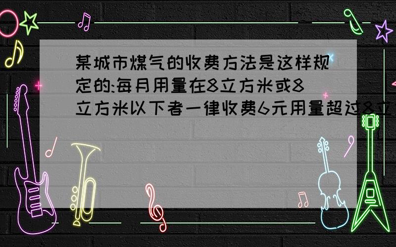 某城市煤气的收费方法是这样规定的:每月用量在8立方米或8立方米以下者一律收费6元用量超过8立方米的,除交6元外,超过部分每立方米按一定费用缴费.王阿姨家1月份的煤气费是39元,8月份的