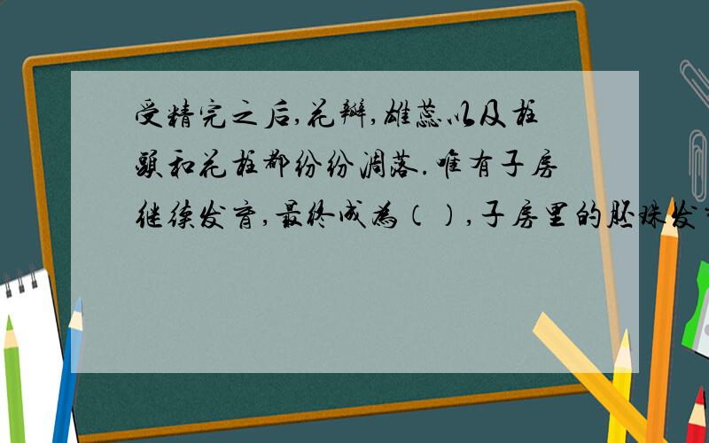 受精完之后,花瓣,雄蕊以及柱头和花柱都纷纷凋落.唯有子房继续发育,最终成为（）,子房里的胚珠发育成（）,胚珠里的受精卵发育成（）.（）将来就是新植物体的幼体.