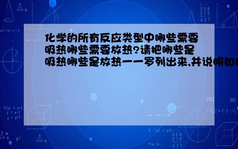 化学的所有反应类型中哪些需要吸热哪些需要放热?请把哪些是吸热哪些是放热一一罗列出来,并说明如何比较生成物和反应物的热量大小,