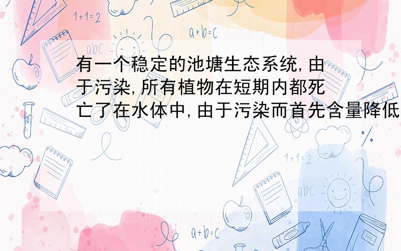 有一个稳定的池塘生态系统,由于污染,所有植物在短期内都死亡了在水体中,由于污染而首先含量降低的物质A.二氧化碳  B.氧C.硝酸盐    D.磷酸盐