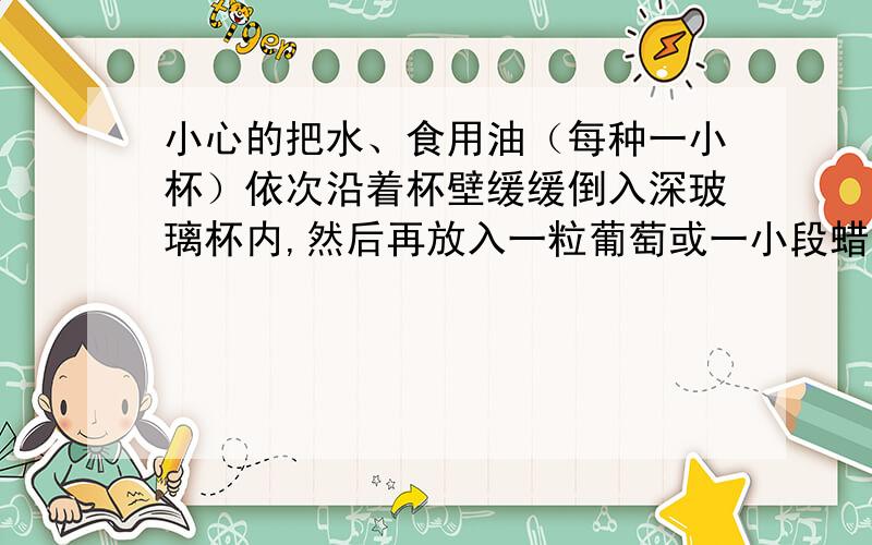 小心的把水、食用油（每种一小杯）依次沿着杯壁缓缓倒入深玻璃杯内,然后再放入一粒葡萄或一小段蜡烛.将你观察到得现象画下来（描述也可以）,并提出问题.急··