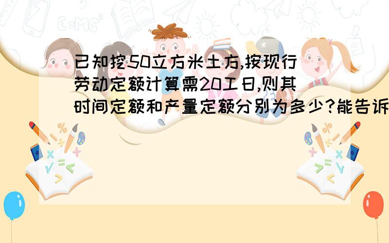 已知挖50立方米土方,按现行劳动定额计算需20工日,则其时间定额和产量定额分别为多少?能告诉我计算方法更好,