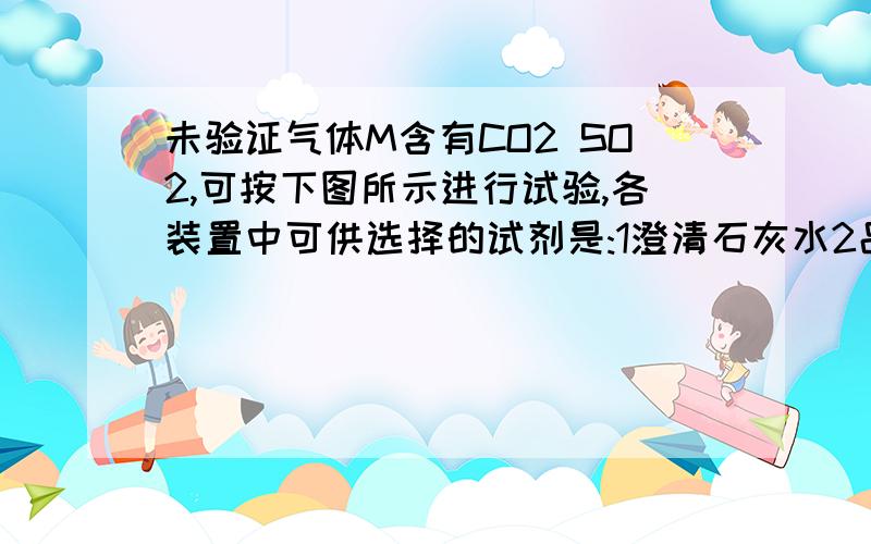 未验证气体M含有CO2 SO2,可按下图所示进行试验,各装置中可供选择的试剂是:1澄清石灰水2品红溶液3酸性KMNO41图就是从左到右依次4个瓶子（A、B、C、D、），则所装试剂次序是什么？2各个瓶子