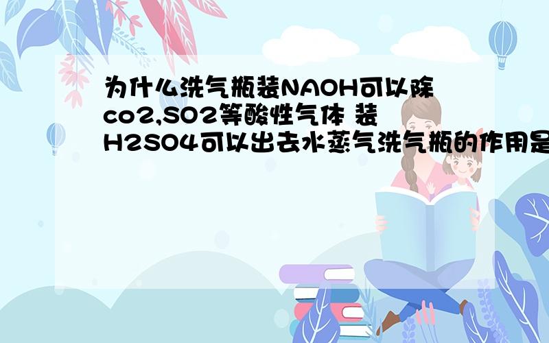 为什么洗气瓶装NAOH可以除co2,SO2等酸性气体 装H2SO4可以出去水蒸气洗气瓶的作用是?