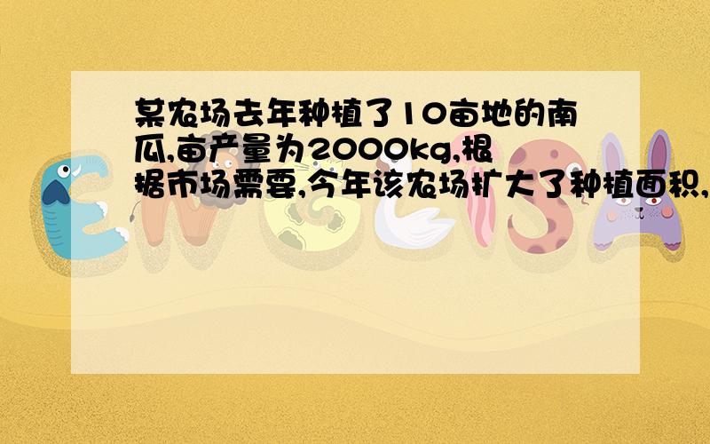 某农场去年种植了10亩地的南瓜,亩产量为2000kg,根据市场需要,今年该农场扩大了种植面积,并且全部…………某农场去年种植了10亩地的南瓜,亩产量为2000kg,根据市场需要,今年该农场扩大了种