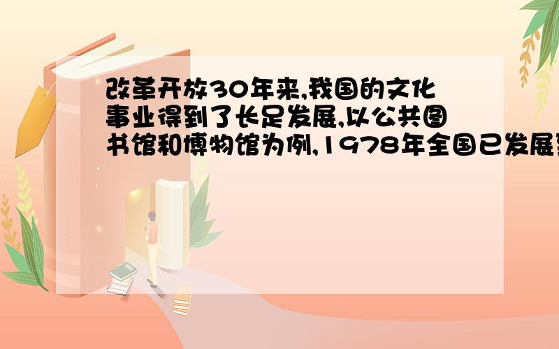 改革开放30年来,我国的文化事业得到了长足发展,以公共图书馆和博物馆为例,1978年全国已发展到约1550个