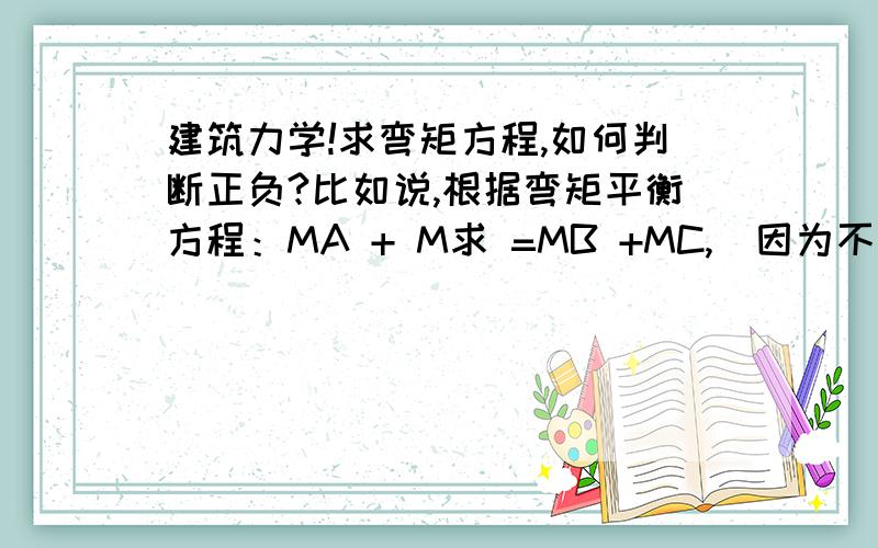 建筑力学!求弯矩方程,如何判断正负?比如说,根据弯矩平衡方程：MA + M求 =MB +MC,(因为不知道M求,是正还是负)所以,有可能列出 ：MA =MB +MC+ M求 方向反了,画弯矩图正负很容易出错,对于求的弯矩M,