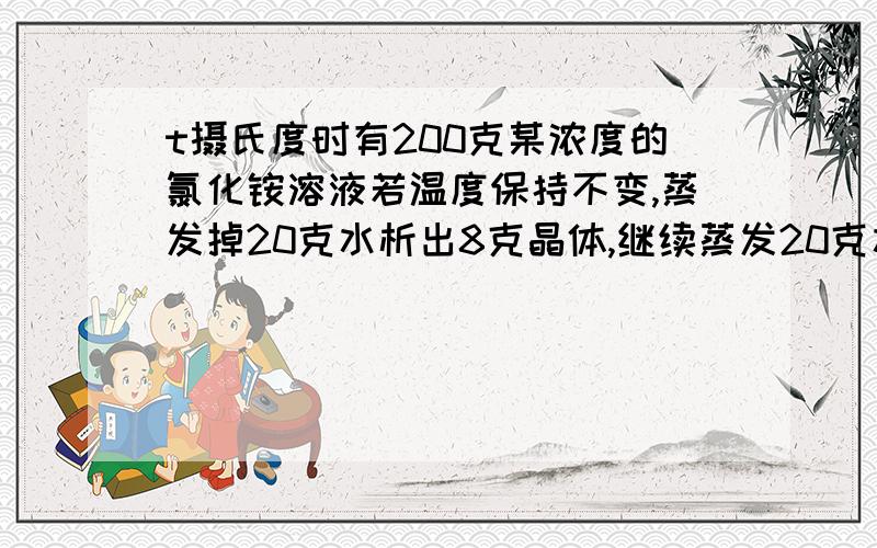 t摄氏度时有200克某浓度的氯化铵溶液若温度保持不变,蒸发掉20克水析出8克晶体,继续蒸发20克水又有12克晶体析出（1）该温度下氯化铵的溶解度?（2）原溶液氯化铵的质量分数是?