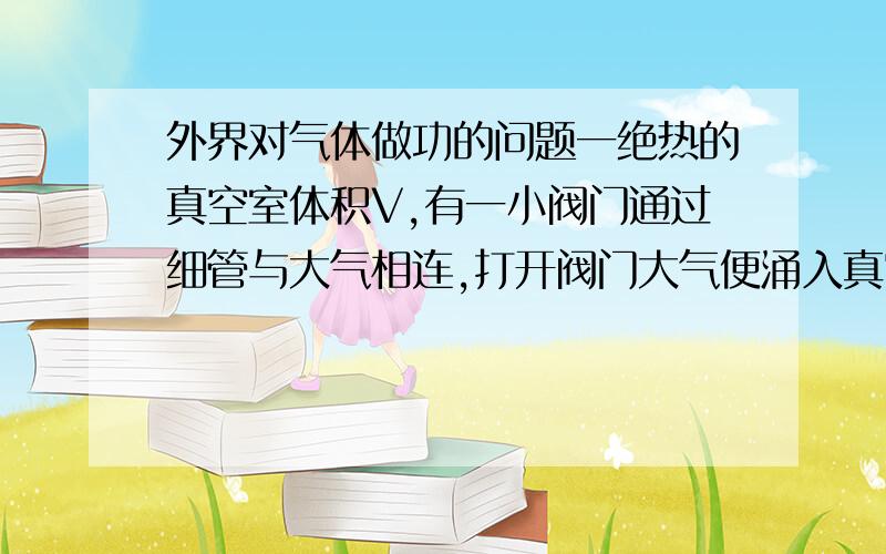 外界对气体做功的问题一绝热的真空室体积V,有一小阀门通过细管与大气相连,打开阀门大气便涌入真空室,直到室内外压强都是po.为什么外界对涌入真空室的气体做功大小为poV 这个叫什么公