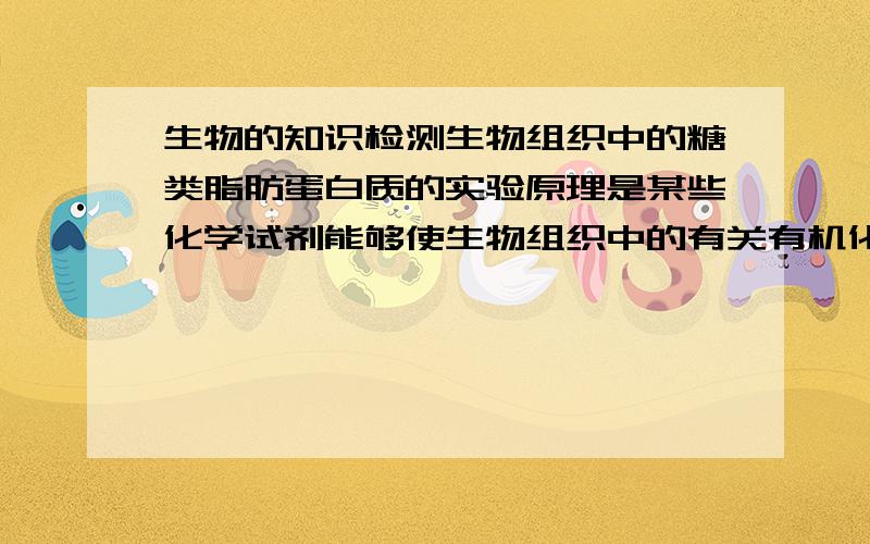 生物的知识检测生物组织中的糖类脂肪蛋白质的实验原理是某些化学试剂能够使生物组织中的有关有机化合物产生特定       ----------反应