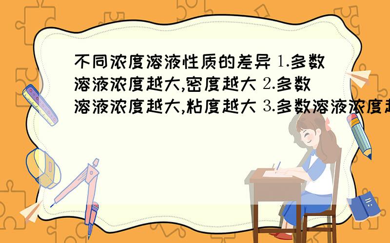 不同浓度溶液性质的差异⒈多数溶液浓度越大,密度越大⒉多数溶液浓度越大,粘度越大⒊多数溶液浓度越大,表面张力越大⒋多数溶液浓度越大,沸点越高⒌多数溶液浓度越大,凝固点越低⒍溶