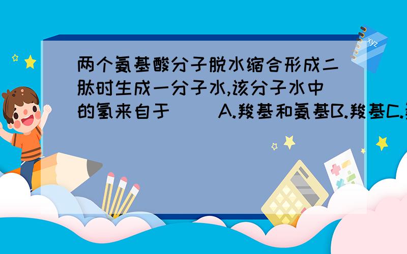 两个氨基酸分子脱水缩合形成二肽时生成一分子水,该分子水中的氢来自于（ ）A.羧基和氨基B.羧基C.氨基D.R基