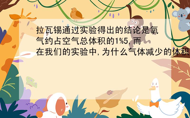 拉瓦锡通过实验得出的结论是氧气约占空气总体积的1%5,而在我们的实验中,为什么气体减少的体积小于1%5?明天交