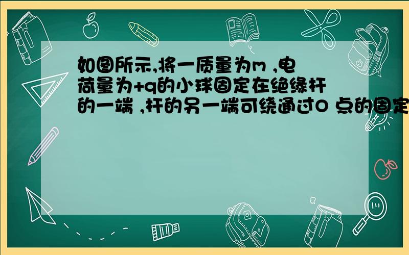 如图所示,将一质量为m ,电荷量为+q的小球固定在绝缘杆的一端 ,杆的另一端可绕通过O 点的固定轴转动.杆长为L ,杆的质量忽略不计 .杆和小球置于场强为E的匀强电场中,电场的方向如图所示.将