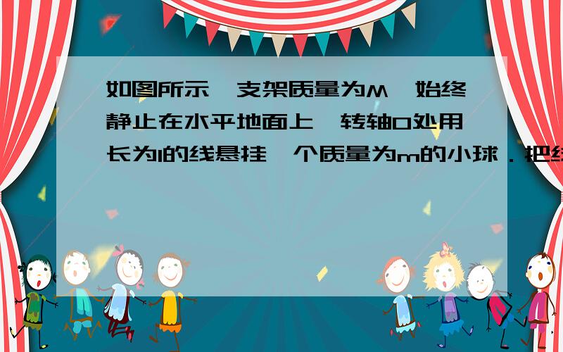 如图所示,支架质量为M,始终静止在水平地面上,转轴O处用长为l的线悬挂一个质量为m的小球．把线拉至水平静止释放小球．小球运动到最低点处时,水平面对支架的支持力N为多大?    (2)若使小