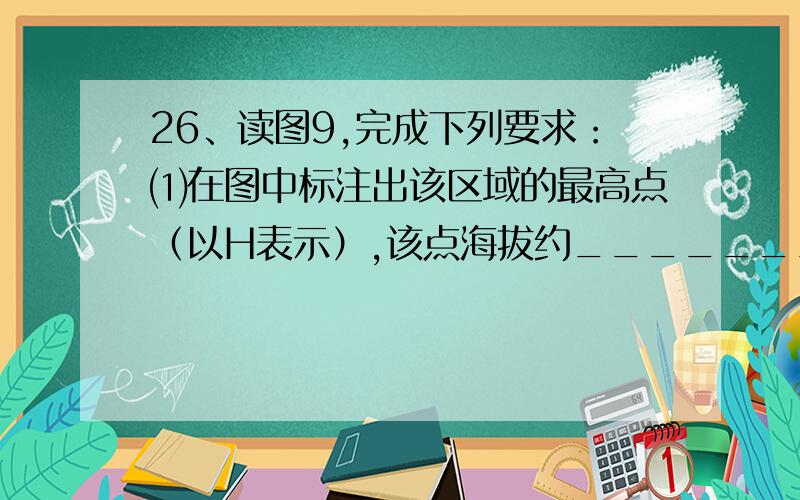 26、读图9,完成下列要求：⑴在图中标注出该区域的最高点（以H表示）,该点海拔约_________米.即左上角的位置那是怎么判断出来的呢 在这个位置为什么不是最高点呢还有怎么看出最高点的海