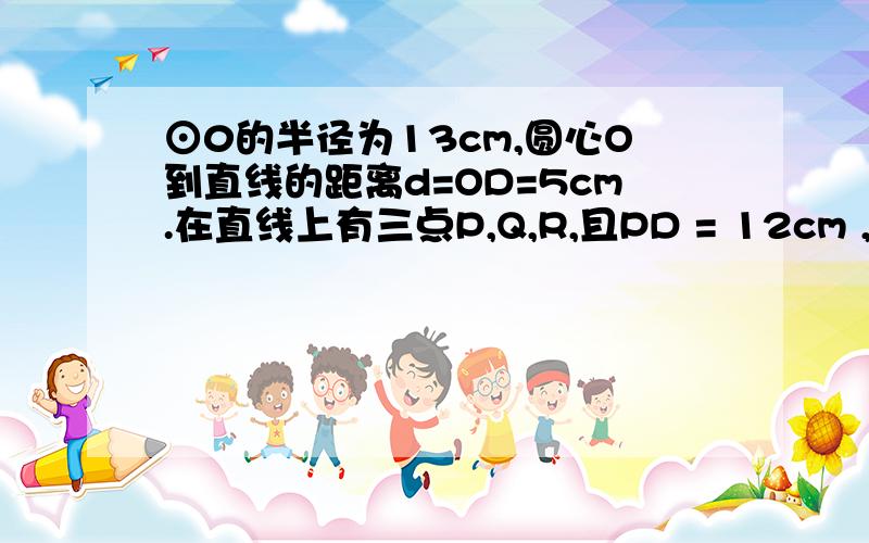 ⊙0的半径为13cm,圆心O到直线的距离d=OD=5cm.在直线上有三点P,Q,R,且PD = 12cm ,QD12cm,则点P在 ,点Q在 ,点R在 .希望 ）