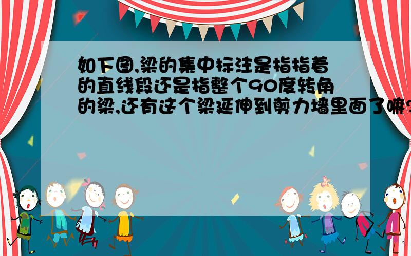 如下图,梁的集中标注是指指着的直线段还是指整个90度转角的梁,还有这个梁延伸到剪力墙里面了嘛?