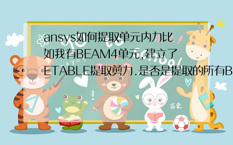 ansys如何提取单元内力比如我有BEAM4单元,建立了ETABLE提取剪力.是否是提取的所有BEAM4单元的剪力.我就想提取我指定的一个单元,是否是在*vget,XX,elem,YY,ETAB,zz,4 的YY处修改.如果能给我一段后处理